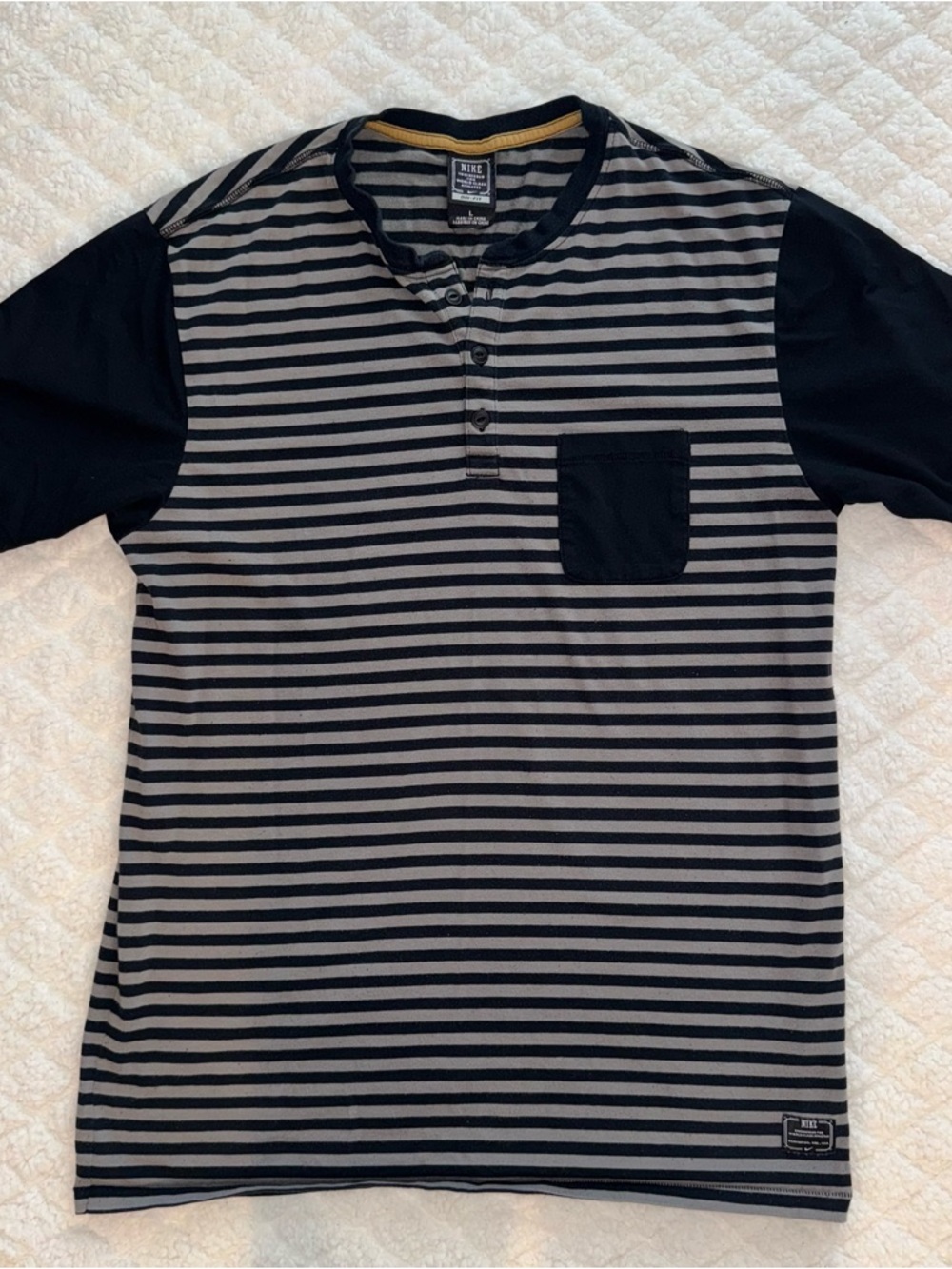 Nike Men’s Black and Gray Striped Henley Pocket Tee